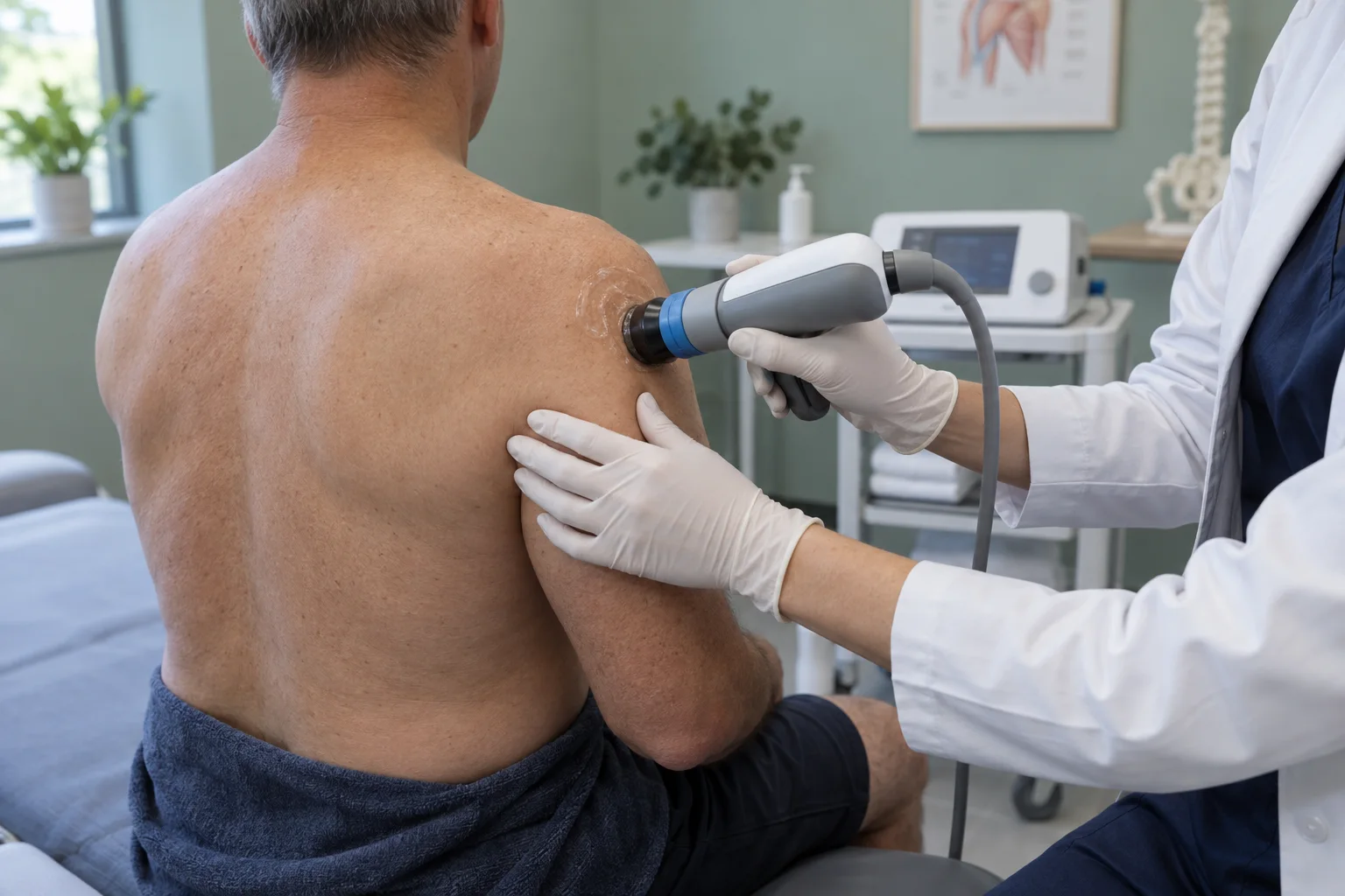 A clinician in gloves holds an acoustic wave applicator against a patient's shoulder.