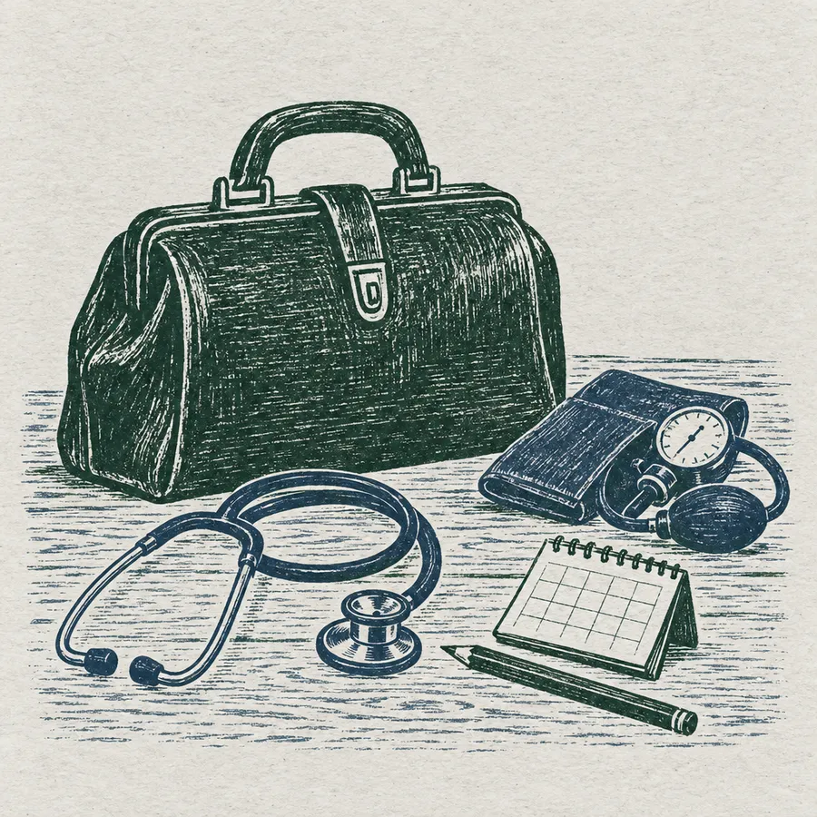 Woodcut still life of a doctor's bag with a stethoscope, a blood pressure cuff and a small desk calendar.