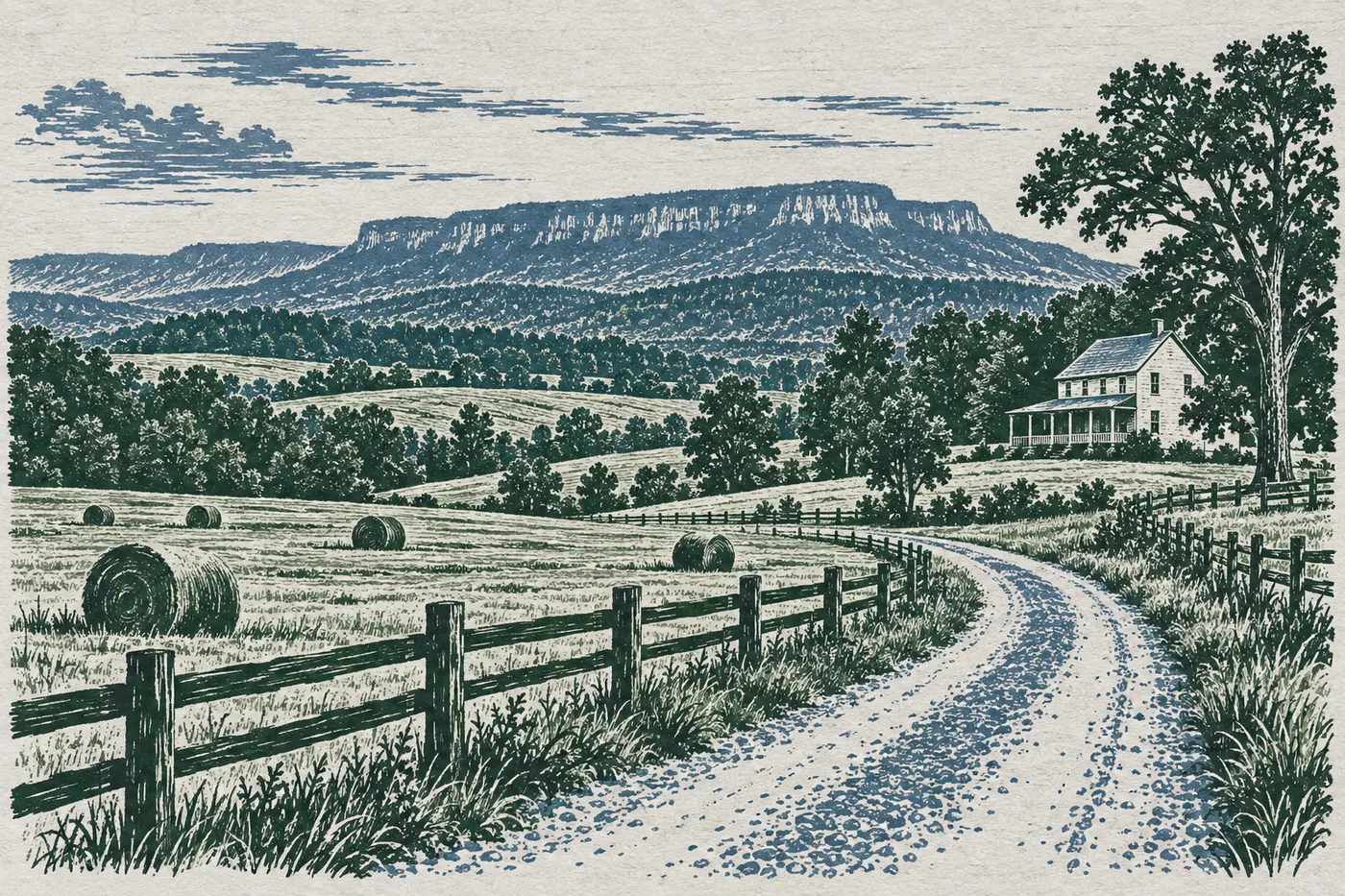 Woodcut print of the countryside farmland: a gravel road and fence line past hay bales and a white farmhouse, with the flat top of the distant hills on the horizon.