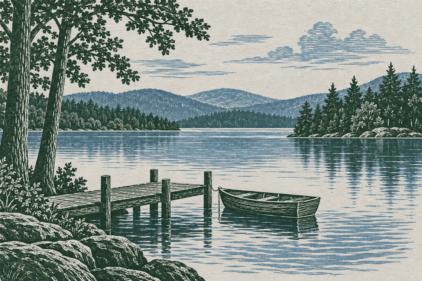 Woodcut print of a still lake below wooded hills, with a wooden dock and a rowboat near a rocky shore.