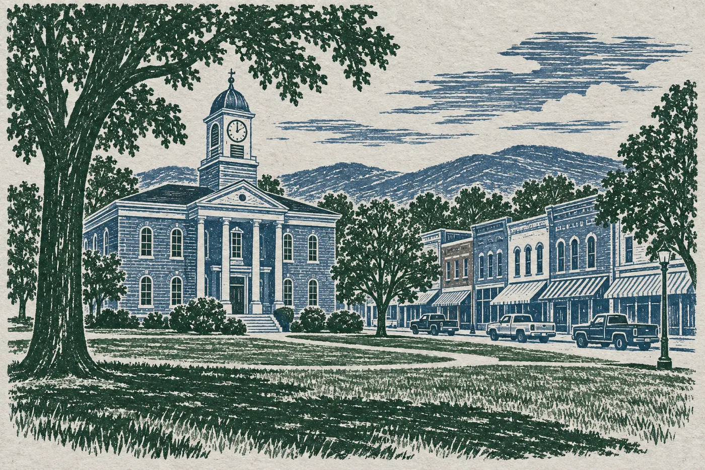 Woodcut print of a small-town square: a columned courthouse with a clock tower under a large shade tree, beside a row of storefronts with parked trucks.