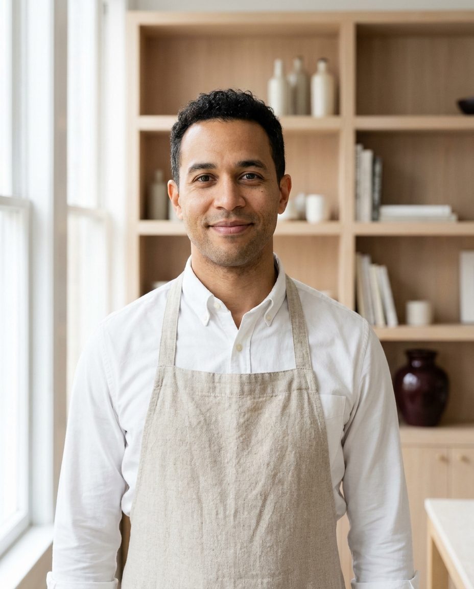 Portrait of Dr. Julian Reed in a linen apron