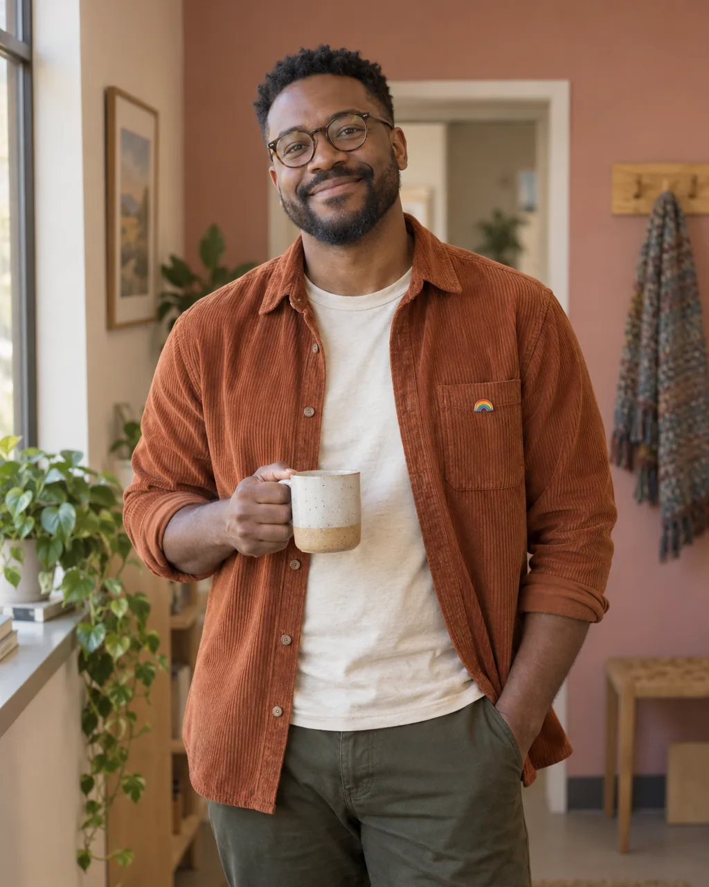 Jules Okafor standing in the clinic hallway with a coffee mug, smiling, in a rust corduroy overshirt
